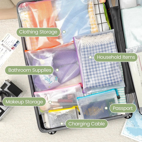 Eight Piece Zipper Pouch Set With Eight Sizes And Eight Colors For Grab And Go Organizing Travel Office Documents Board Games And More Waterproof Plastic Zip Bags Includes B4 A4 B5 A5 Bill Size B6 A6 And B8 Pouches in suitcase