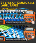 Heat Shrink Label Maker Pro Grade Kit With 12mm Tape For Cable ID Waterproof Wire Labels Two To One Shrink Ratio Flexible ID Tapes For Cables And Wires VW1 Certified 300V 125C Durable Quick Cable ID System, 12mm tapes on cables