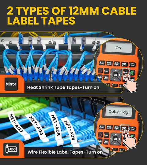 Heat Shrink Label Maker Pro Grade Kit With 12mm Tape For Cable ID Waterproof Wire Labels Two To One Shrink Ratio Flexible ID Tapes For Cables And Wires VW1 Certified 300V 125C Durable Quick Cable ID System, 12mm tapes on cables