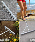 Collage of Landscape Rake With Aluminum Head And 68 Inch Handle, 24 Inch Width With 24 Tines used on gravel, beach, soil, and sand