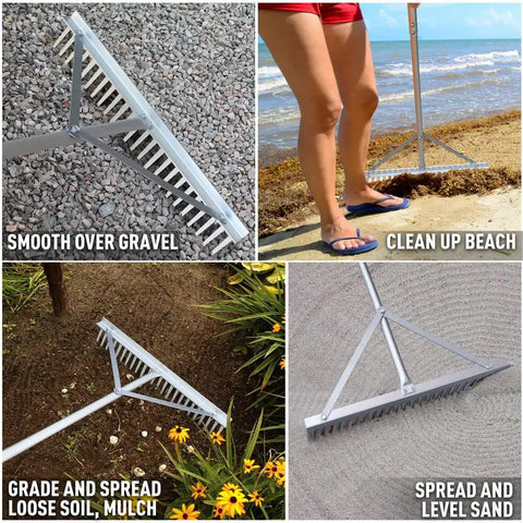 Collage of Landscape Rake With Aluminum Head And 68 Inch Handle, 24 Inch Width With 24 Tines used on gravel, beach, soil, and sand