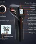 Non-Contact Infrared Thermometer Gun With Backlit Display, Instant Read From -50C To 550C, 12 To 1 Distance Spot Ratio, Adjustable Emissivity, Go-To Handheld Laser IR Thermometer For Home, Kitchen, Automotive, Black showing LCD and buttons