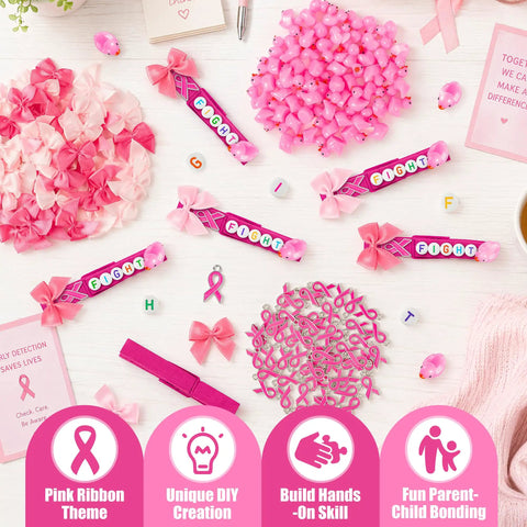 Breast Cancer Awareness Duck Cheer Pins Kit for Volleyball Squad and Team Spirit Crafting Includes 60 Rose Red Wooden Clothespins 60 Rose Red Mini Ducks 60 Pink Ribbon Charms 60 Ribbon Bows Five Bags of Letter Beads Fight and a Glue Tube: pink ribbon craft set with bows, ducks, pins, charms