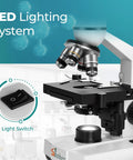Monocular Compound Microscope 40X-1600X with LED lighting system, showcasing objective lenses and light switch for educational use