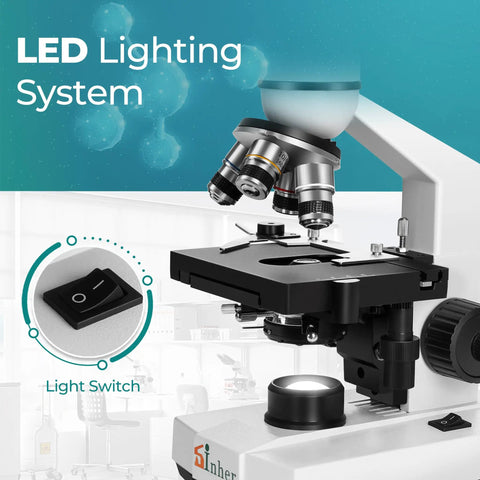 Monocular Compound Microscope 40X-1600X with LED lighting system, showcasing objective lenses and light switch for educational use