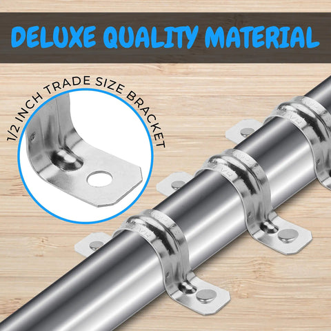 Heavy Duty Pipe Straps Two Hole EMT Conduit Clamps Half Inch Galvanized Steel U Brackets secured on a polished metal pipe.
