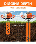 Heavy Duty 72cc 2-Stroke Gas Powered Post Hole Digger with 6 Inch and 8 Inch Auger showing 31 inch and 62 inch extension digging depth
