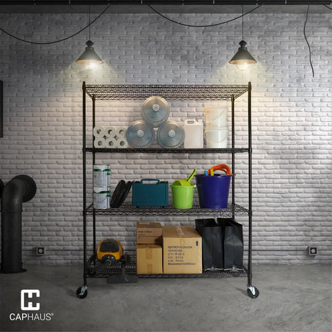4 Tier Heavy Duty Wire Shelving Unit With Wheels And Leveling Feet, 60 Inch Wide Garage Storage Rack, Commercial Grade Steel Open Shelf, Adjustable Height, Mobile Utility Shelving For Shop, Basement, Or Pantry with storage bins