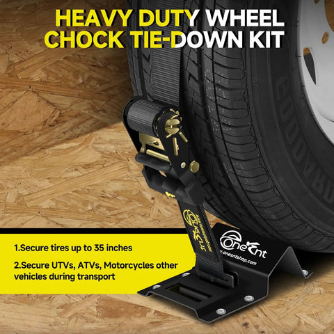 Close-up of 4 Pack E-Track Ratchet Straps With Wheel Chock Kit 2 X 10 Ft Heavy Duty Tie Down securing a tire on a wooden surface.