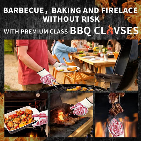 Person using extreme heat resistant oven gloves with five finger design for grill masters BBQ cookin mitts in a barbecue setting.