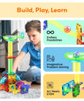 Child playing with Totally Fun 8 Piece Marbles For Magnetic Block Tiles Marble Run Tracks Set with colorful track pieces.