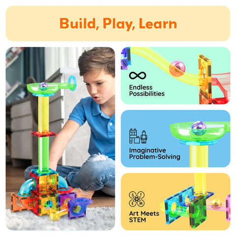 Child playing with Totally Fun 8 Piece Marbles For Magnetic Block Tiles Marble Run Tracks Set with colorful track pieces.