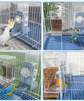 No Sweat Automatic Bird Feeder And Waterer Set With Gravity Fed System showing small birds enjoying food and water in a cage.