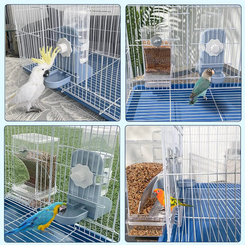 No Sweat Automatic Bird Feeder And Waterer Set With Gravity Fed System showing small birds enjoying food and water in a cage.
