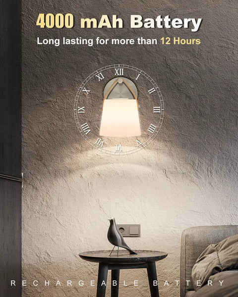 Battery Operated Wall Sconce With Glass Shade, 3000K Warm White, 4000 mAh battery lasting 12 hours, mounted on wall.