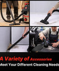 Heavy Duty Eight Gallon Wet And Dry Shop Vacuum With Badass Four Point Five Peak Horsepower Motor And Corrosion Proof Stainless Steel Tank For Tough Garage Jobs And Zero Hassle Cleanup Routines showing various cleaning accessories in use.