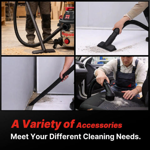 Heavy Duty Eight Gallon Wet And Dry Shop Vacuum With Badass Four Point Five Peak Horsepower Motor And Corrosion Proof Stainless Steel Tank For Tough Garage Jobs And Zero Hassle Cleanup Routines showing various cleaning accessories in use.