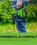 Person holding Beast Of A Cordless Rotary Hammer Drill With Brushless 24V Motor 2 Joule Impact SDS Plus Four Modes LED Light outdoors