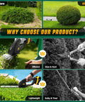 Before and after lawn images comparing Two In One Cordless Hedge Trimmer And Grass Shear Works With DeWalt 20V Max Batteries and manual tools.