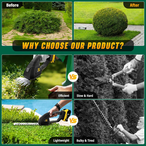 Before and after lawn images comparing Two In One Cordless Hedge Trimmer And Grass Shear Works With DeWalt 20V Max Batteries and manual tools.