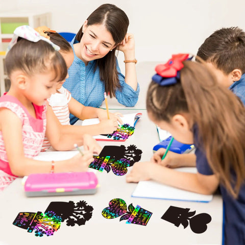 Children using Flower Scratch Card Craft Kit For Kids Featuring 60 Cards In Two Styles With 20 Wooden Styluses And Pink Ribbon