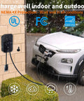 Level 2 EV Charger With 48 Amp 240V Power, Heavy Duty Metal Case, mounted on wall, connected to electric car in rain