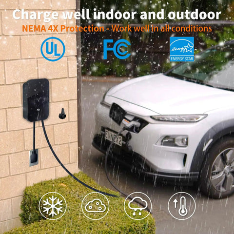 Level 2 EV Charger With 48 Amp 240V Power, Heavy Duty Metal Case, mounted on wall, connected to electric car in rain
