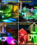 Solar Spot Lights Outdoor 2 Pack with 7 Color Modes illuminating various landscapes including patio, pond, pathway, and holiday decor.