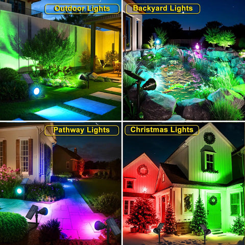 Solar Spot Lights Outdoor 2 Pack with 7 Color Modes illuminating various landscapes including patio, pond, pathway, and holiday decor.
