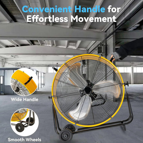 24 Inch High Velocity Industrial Drum Fan With 8800 CFM Heavy Duty Metal Air Circulator with wheels in a warehouse