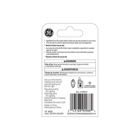 Back of packaging for Pink C7 Night Light Bulb 4 Watt 14 Lumen with Candelabra Base 2 Pack showing safety warnings and barcode.