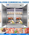Heavy Duty Commercial Upright Freezer Rocking Slick Digital Temp Display with eight shelves full of frozen food.