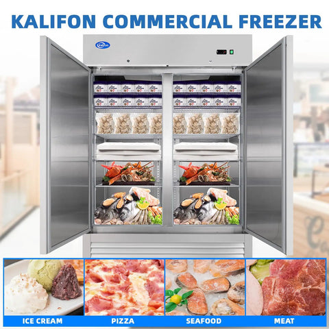 Heavy Duty Commercial Upright Freezer Rocking Slick Digital Temp Display with eight shelves full of frozen food.