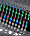 10 Pcs O Flute Downcut Router Bits Set With One Eighth Inch Shank DLC Coated Carbide End Mills One Inch Cutting Length Two Inch Overall Length Great For Aluminum Plastic Acrylic Wood MDF PVC displayed in a row