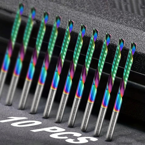 10 Pcs O Flute Downcut Router Bits Set With One Eighth Inch Shank DLC Coated Carbide End Mills One Inch Cutting Length Two Inch Overall Length Great For Aluminum Plastic Acrylic Wood MDF PVC displayed in a row