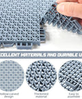 50 Pack Interlocking Drainage Mats 10 By 10 Inch Rubber Floor Tiles grippy non slip cushions, close-up view of gray tiles with interlocking design