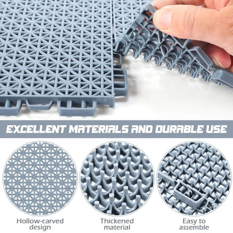 50 Pack Interlocking Drainage Mats 10 By 10 Inch Rubber Floor Tiles grippy non slip cushions, close-up view of gray tiles with interlocking design