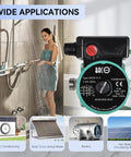 Woman showering with Hot Water Recirculating Pump Three Quarters Inch NPT 110V Auto Circulator displayed beside used in applications