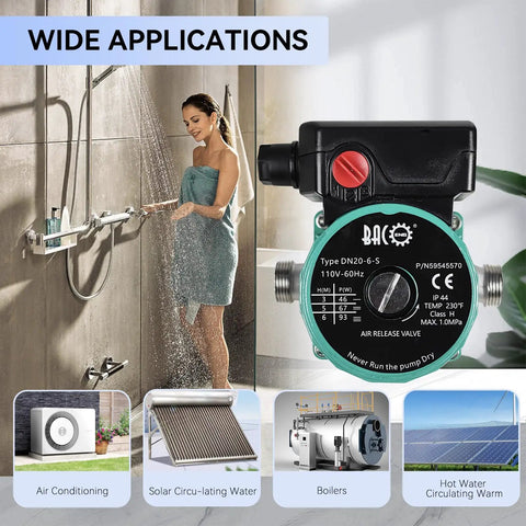 Woman showering with Hot Water Recirculating Pump Three Quarters Inch NPT 110V Auto Circulator displayed beside used in applications