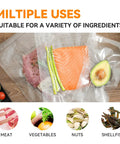 Quart Vacuum Sealer Bags For Food 8 By 12 Inches 50 Count BPA Free Thick Bags For Freezer Storage Meal Prep And Portion Control Keep Your Eats Fresh Longer showing sealed meat, asparagus, salmon, avocado.