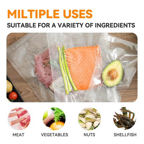 Quart Vacuum Sealer Bags For Food 8 By 12 Inches 50 Count BPA Free Thick Bags For Freezer Storage Meal Prep And Portion Control Keep Your Eats Fresh Longer showing sealed meat, asparagus, salmon, avocado.