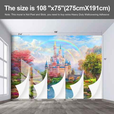 Large Fabric Mural Wallpaper For Living Room And Bedroom 108x75 Inches Not Peel And Stick 5 Panels Dope Water Resistant Stain Resistant Easy Care Modern 3D Floral Forest Beach Waves Design showing a castle and rainbow scene