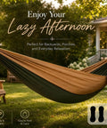 Double Camping Hammock All-In-One Set in Fruit Green Gradient No Knots Needed, hanging between trees in a backyard