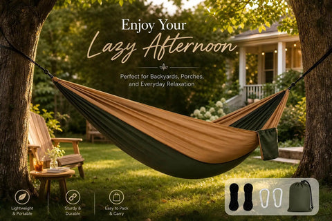 Double Camping Hammock All-In-One Set in Fruit Green Gradient No Knots Needed, hanging between trees in a backyard