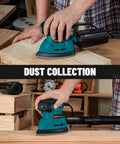 Top Shelf Palm Sander delivering knockout 12000 RPM detail sanding performance, compact design with dust collection in use on wood.