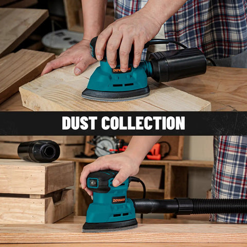 Top Shelf Palm Sander delivering knockout 12000 RPM detail sanding performance, compact design with dust collection in use on wood.