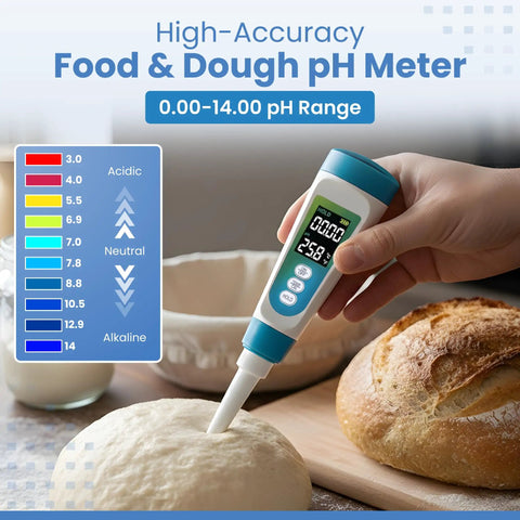No Fuss PH Meter With Spear Probe For Sourdough Fermentation Hot Sauce Canning Cheese Salami Kimchi And Kombucha Water Resistant Kit With Calibration Powders For Quick Accurate Readings being used to measure pH of dough