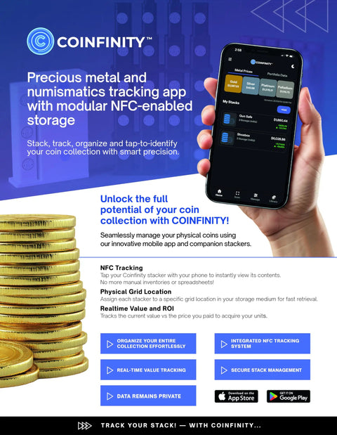 Hand holding smartphone with Coinfinity app. Coins stacked on left side, text explaining NFC-enabled storage for precious metals.