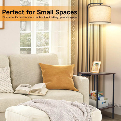 Floor Lamp With Built In Table And Shelf End Table With Lamp Attached For Bedroom Or Living Room Type C Charging Port AC Outlet Remote Dimmer Four Color Lighting Options
