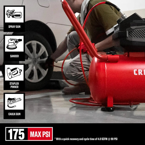 Badass 10 Gallon Oil Free Air Compressor Ultra Quiet 175 PSI Max Portable Shop Pump inflating a car tire in garage.